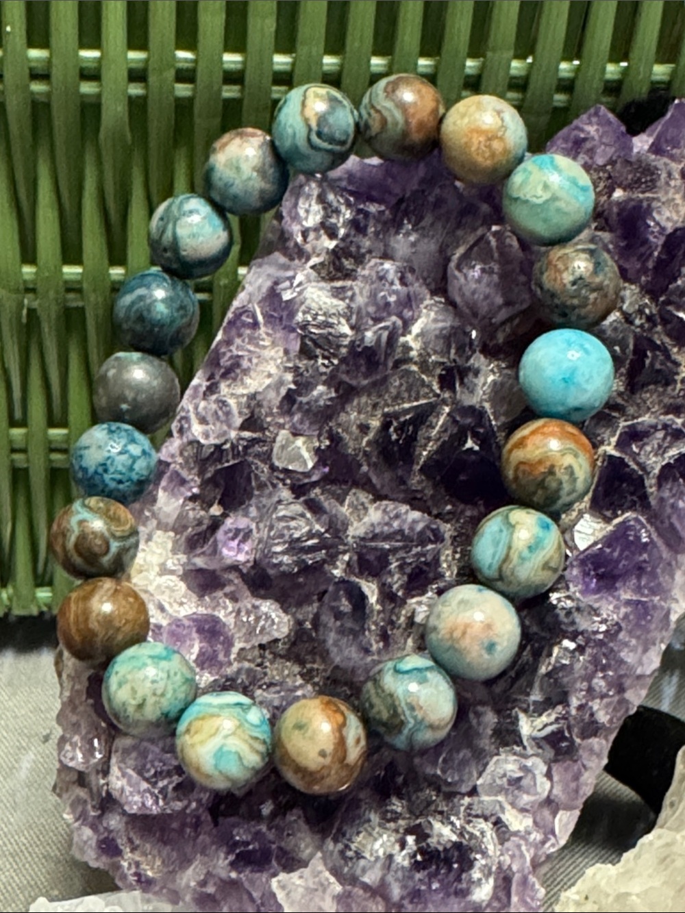 Bohemian Turquoise & Brown Dyed Agate Beaded Stretch Bracelet